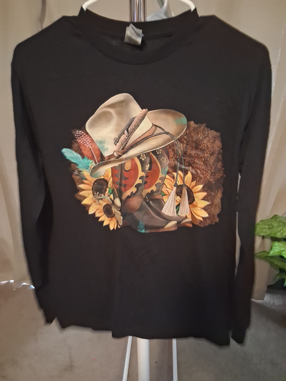 Gildan Black Long-Sleeve Tee with Cowboy Hat, Boots & Sunflower Graphic